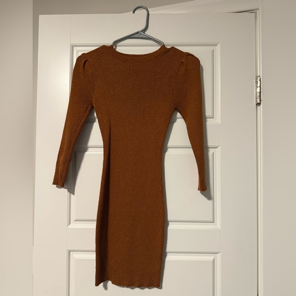 Ribbed Long Sleeve Knit Dress in Rust